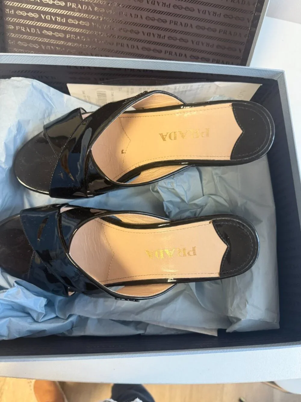 Prada Black Patent Leather Criss Cross Wedge Mule 37.5 Box Receipt Italy